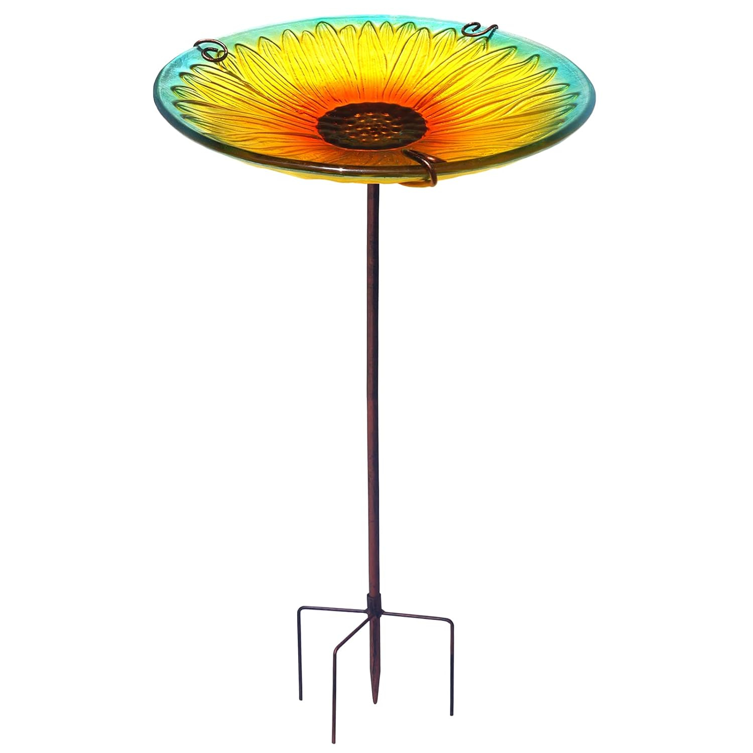 Evergreen Garden 2GB209 11 Inch Peacock Glass Bird Bath Bowl with Metal Stake