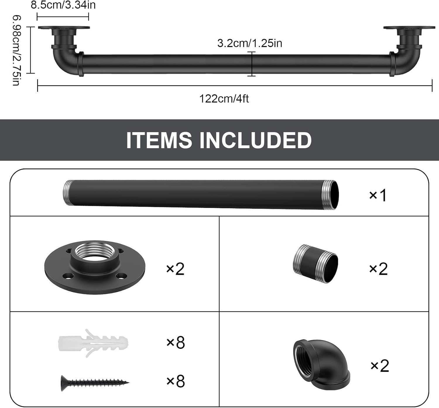 Willstar 4FT Industrial Staircase Handrail Non-Slip Pipe Bar Foot Rail Wall Mount Stair Rail Vintage Grab Bar for Steps Black Iron Pipe Handrail for Outdoor Indoor Stairs Loft Porch Hand Rail (4ft)