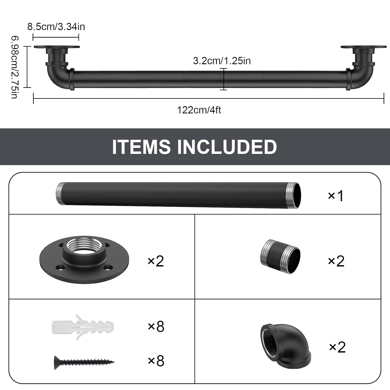 Willstar 4FT Industrial Staircase Handrail Non-Slip Pipe Bar Foot Rail Wall Mount Stair Rail Vintage Grab Bar for Steps Black Iron Pipe Handrail for Outdoor Indoor Stairs Loft Porch Hand Rail (4ft)