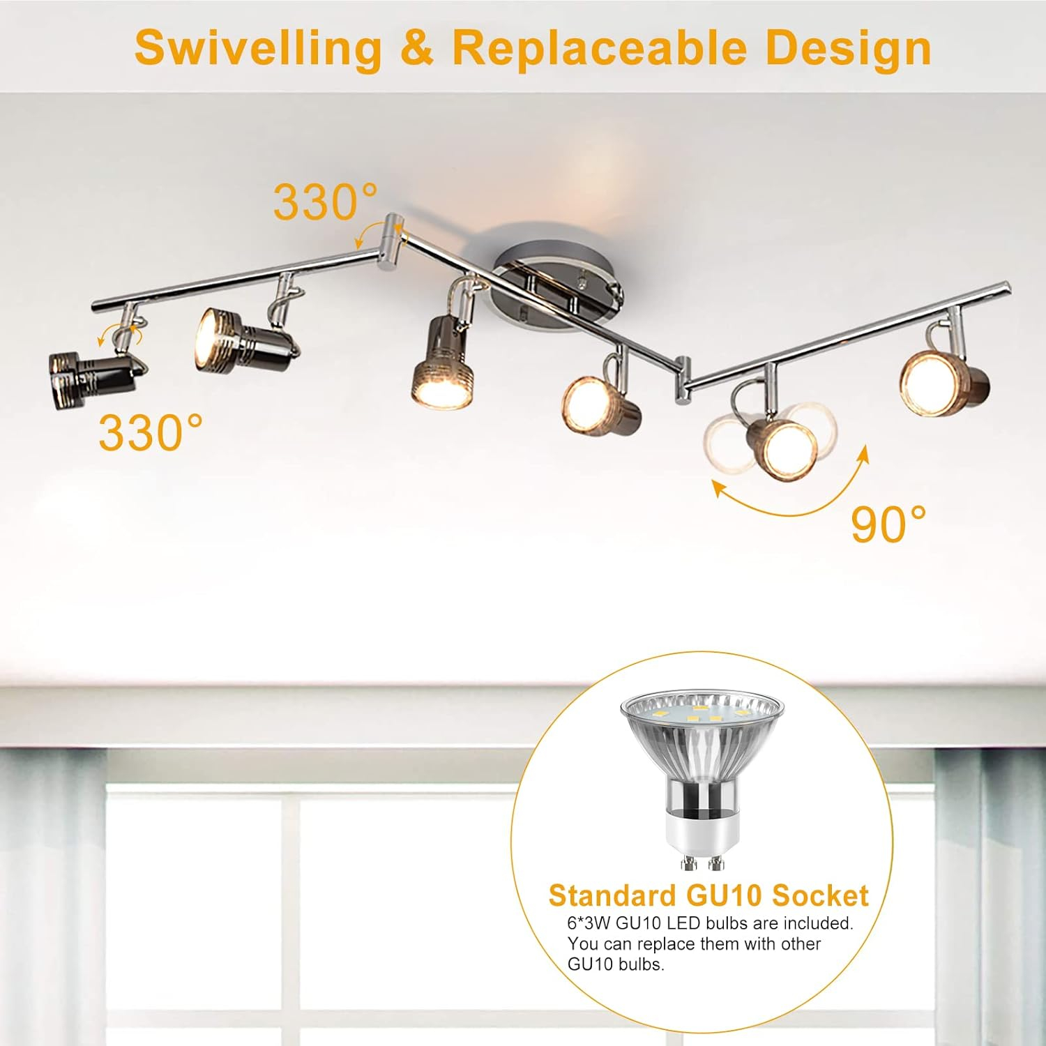 Depuley 6-Light Modern LED Track Ceiling Spotlight, Directional Flush Mount Foldable Ceiling Track Light Kit Rotatable Heads and Swing Arms for Living Room Kitchen Dining, GU10 Bulb Include