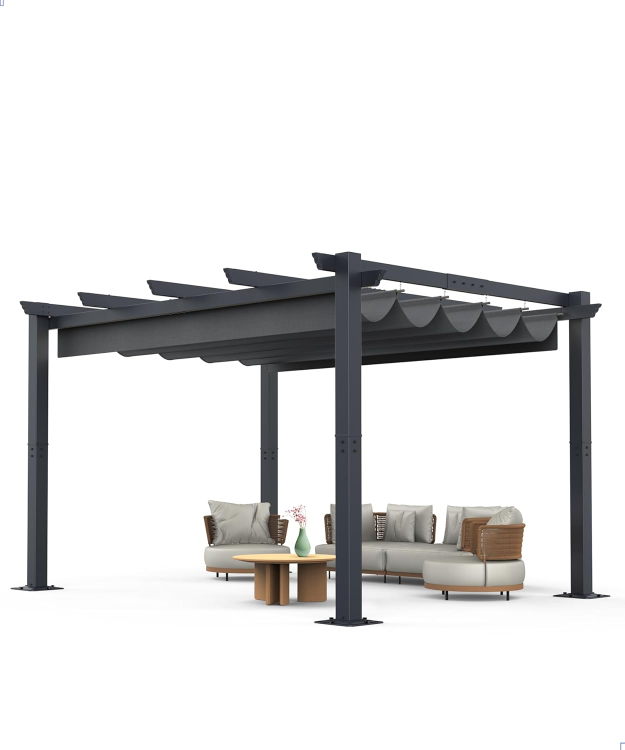 Gray Aluminum Pergola with Retractable Canopy for Outdoor Use