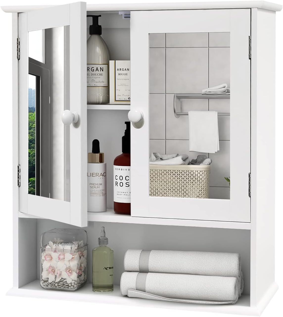 Medicine Cabinet, Medicine Cabinets For Bathroom With Mirror 2 Doors 3 Open Shelf, Bathroom Cabinet Wall Mounted Wooden Storage Over Toilet Laundry Room Kitchen