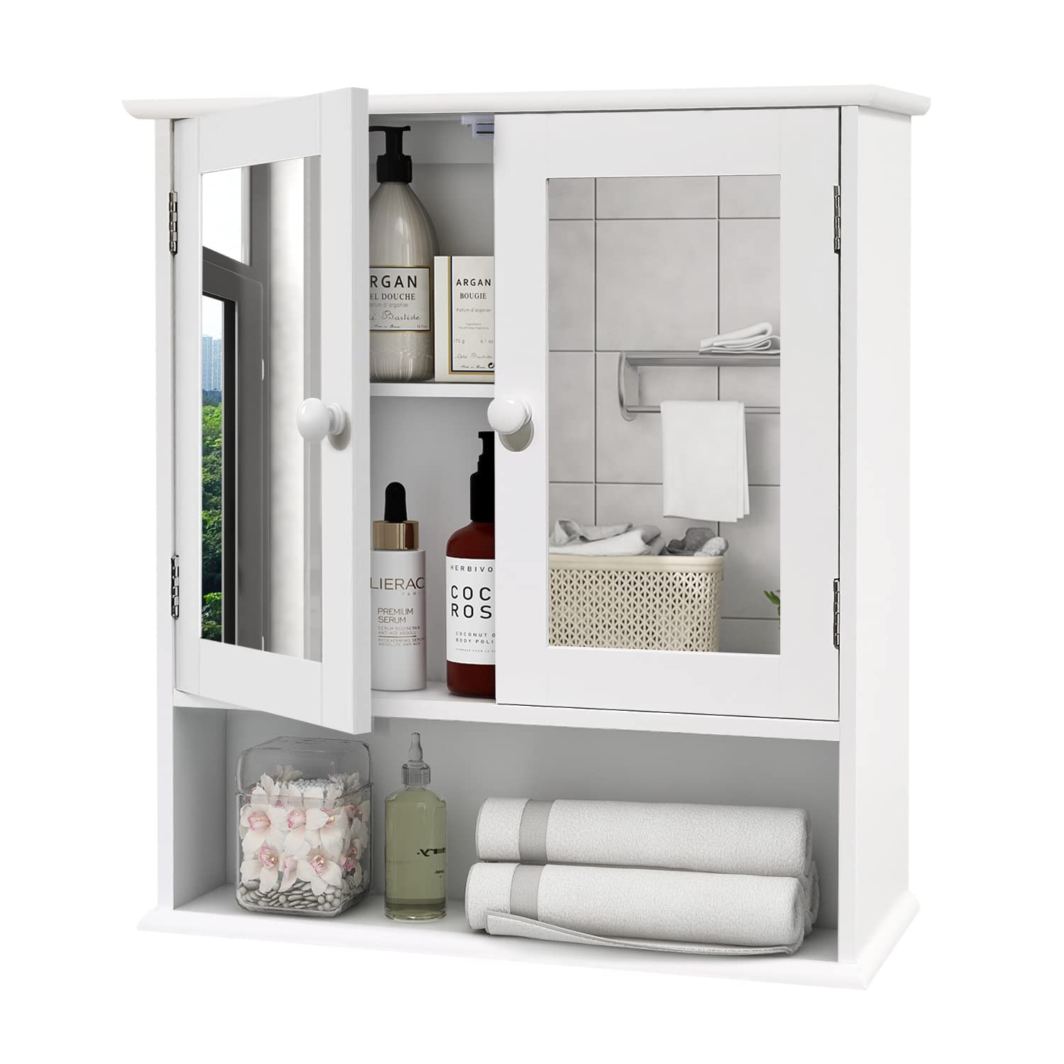 Medicine Cabinet, Medicine Cabinets For Bathroom With Mirror 2 Doors 3 Open Shelf, Bathroom Cabinet Wall Mounted Wooden Storage Over Toilet Laundry Room Kitchen