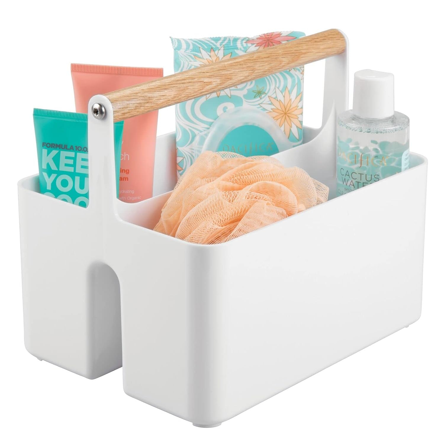 mDesign Plastic Portable Shower Caddy Divided Basket Bin Storage Organizer with Bamboo Handle for Bathroom, Dorm, Shelf & Cabinet Holds Shampoo, Conditioner - Aura Collection, White/Natural