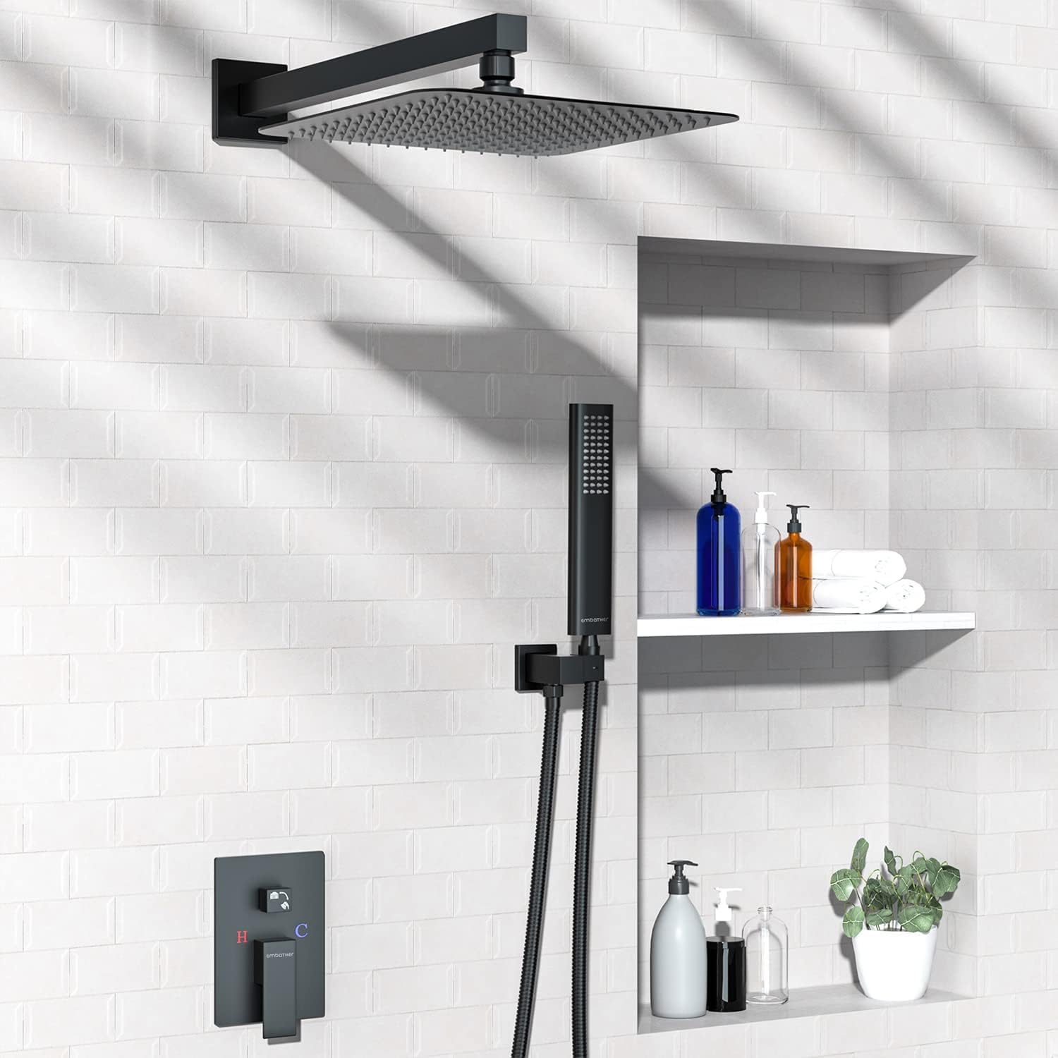 EMBATHER Black Shower System 12 Inches Shower Faucet Set with Square Rain Shower Head and Handheld For Bathroom, Matte Black Shower Combo Set Wall Mounted (Rough-in Valve & Trim Included)