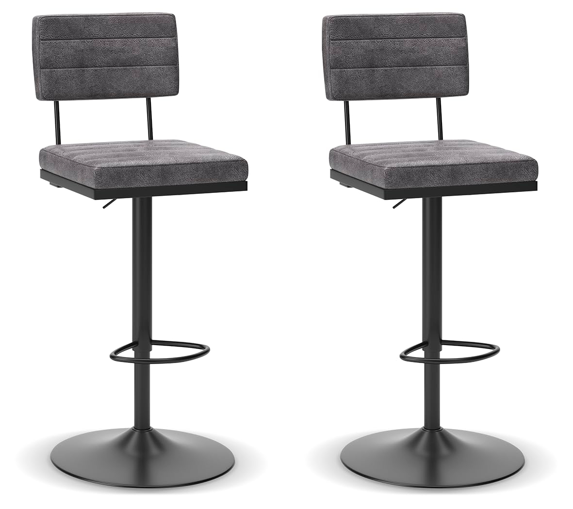 Gray Faux Leather Adjustable Swivel Bar Stools with Black Metal Base, Set of 2