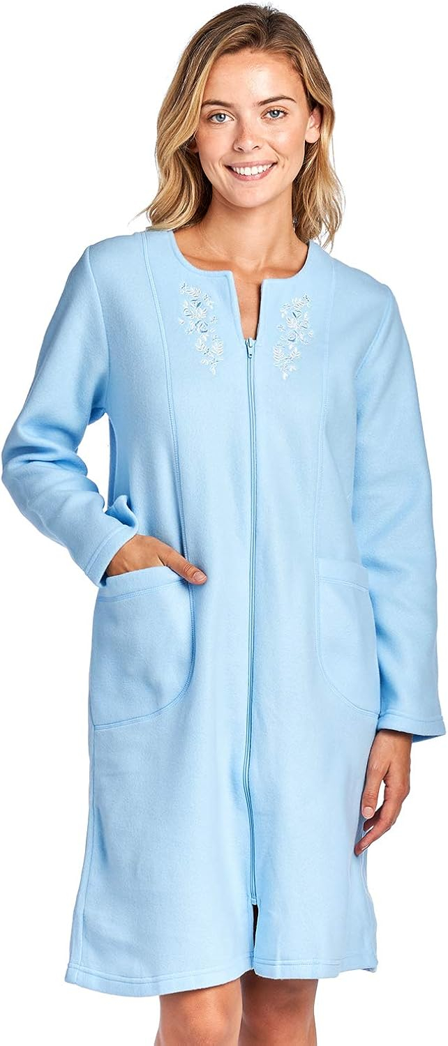 Women's Long Sleeve Zip Up Front Short Fleece Robe