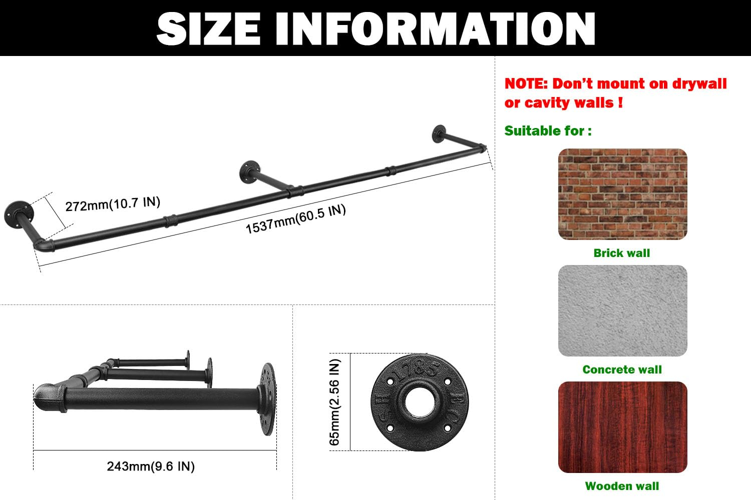 Livabber Industrial Pipe Clothes Rack, Heavy Duty Detachable Iron Garment Rack Wall Mounted, Rustic Saving Space Clothes Bar Multi-Purpose Hanging Rod for Bedroom, Closet, Black (60 Inch)