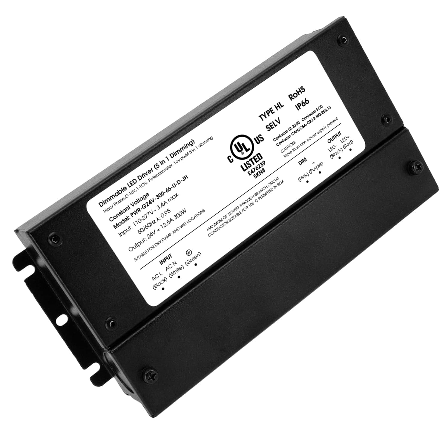 HitLights 300W Dimmable LED Driver, Electronic Transformer, 120V AC to 24V DC Power Supply for LED Strip Light, IP66 Rated, Dimming with TRIAC, 0-10V, 1-10V, Potentiometer, 10V PWM, UL Listed, Class 2
