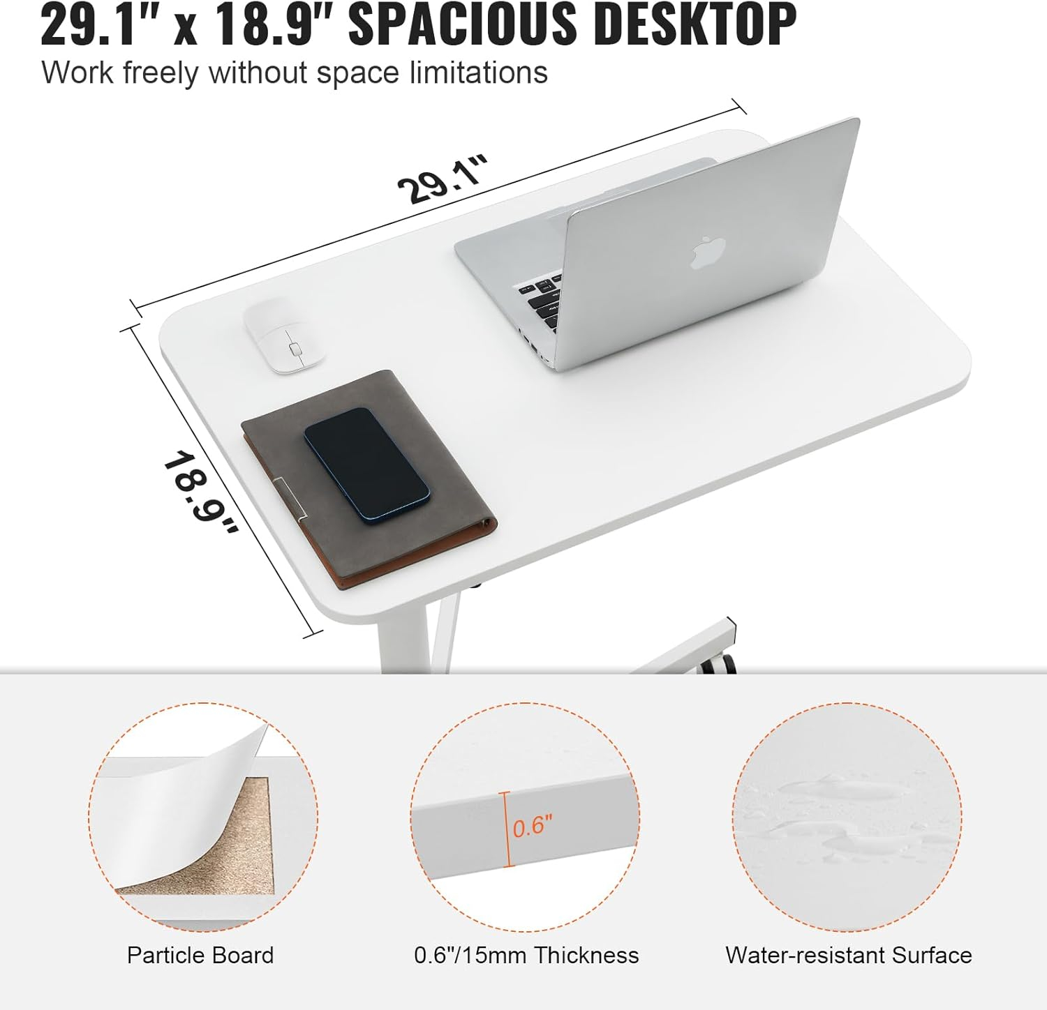 Mobile Standing Desk, 28.5"-44.2" Gas-Spring Height Adjustable Sit-Stand Desk, 360° Swivel Wheels (2 Lockable) Portable Rolling Laptop Table Computer Cart for Home Office School, 44LBS Loading