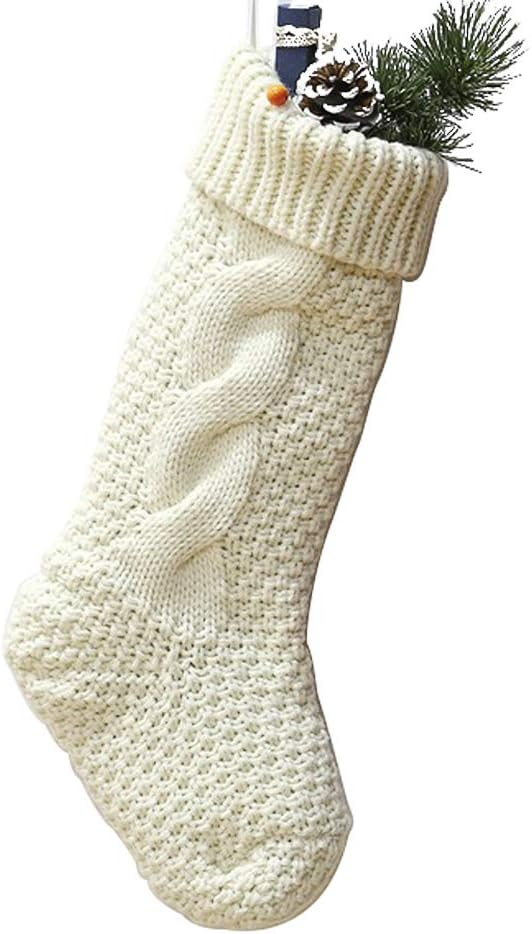 18" Large Size Cable Knit Christmas Stockings,Unique Burgundy Xmas Stocking Decorations for Family Holiday Season Decor (White)