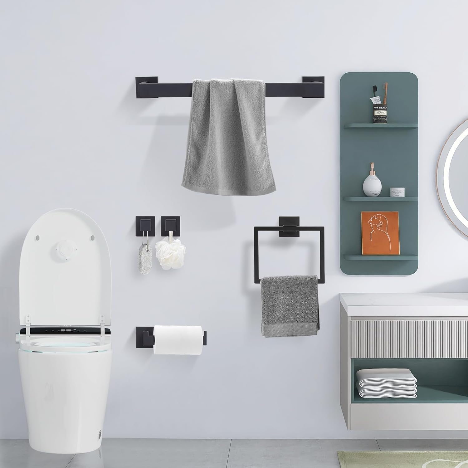 Stainless Steel Matte Black Bathroom Hardware Accessories - 5 Piece Set with 16 inch Square Towel Bar, Towel Rack & Holder