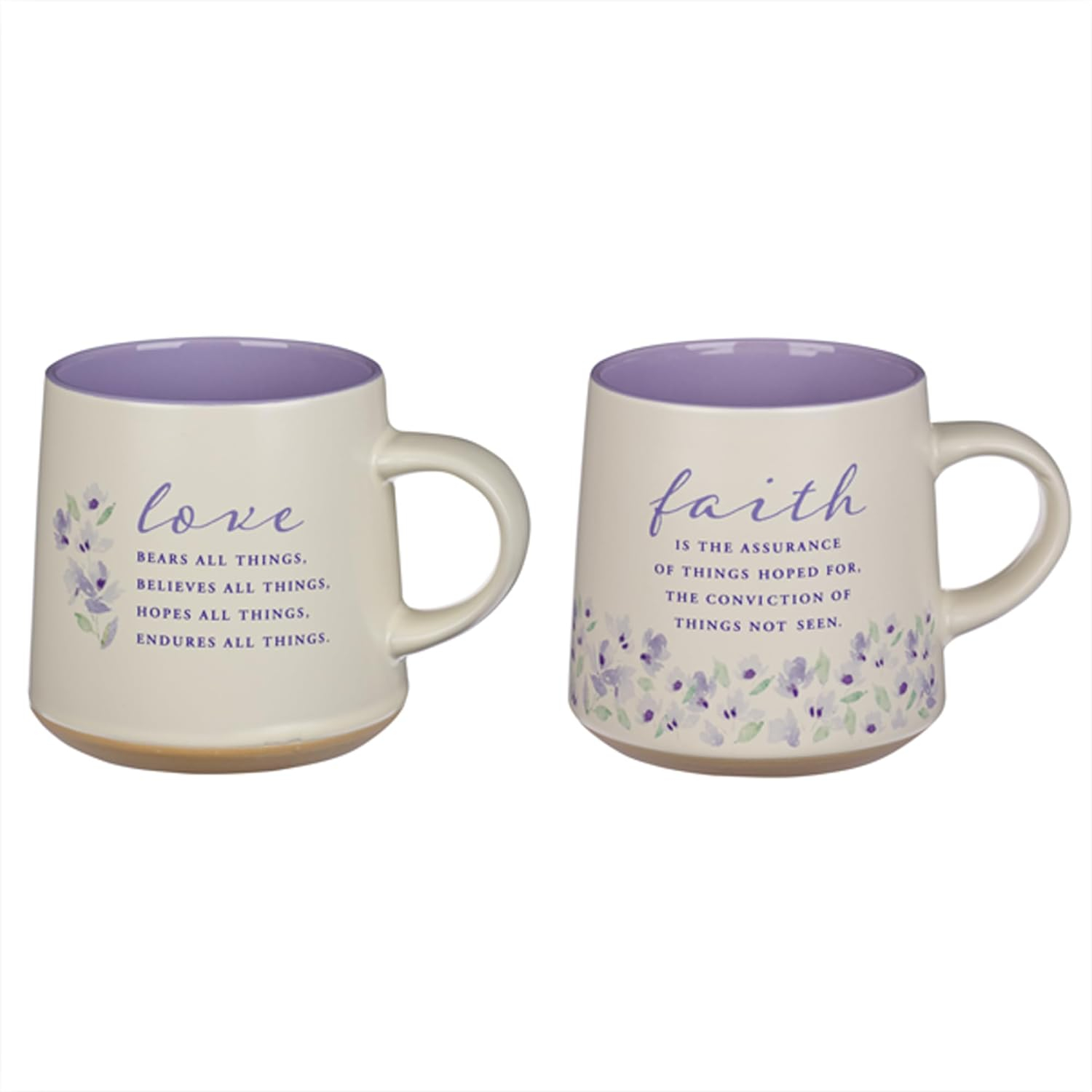 Christian Art Gifts Novelty Floral Ceramic Coffee & Tea Mug Set for Women: Faith & Love w/Encouraging Scripture, Microwave/Dishwasher Safe w/Clay Base - Set of 2 Large 14 oz. Cups, Lilac Purple/White