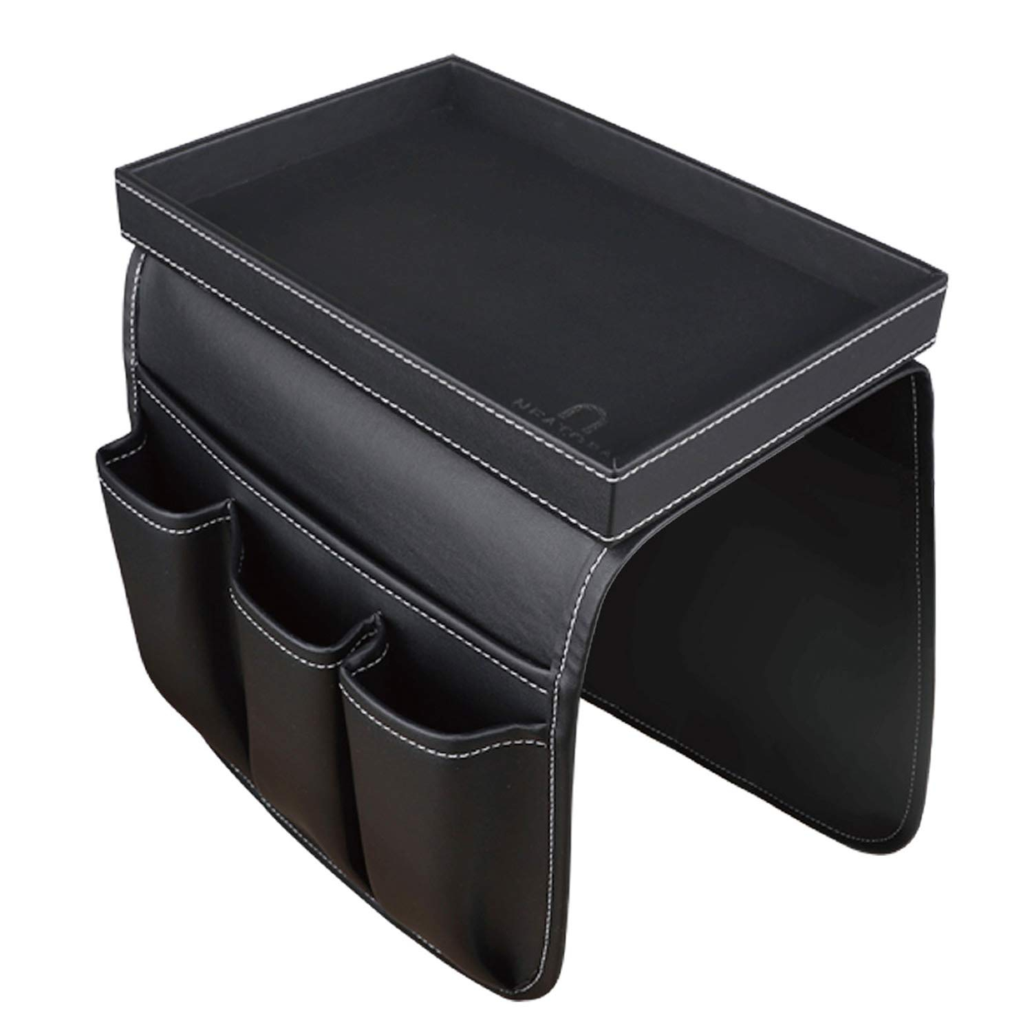 Couch Remote Caddy Control Holder Sofa Organizer with Detachable Wooden Snack Tray for Recliner Mattresses Chair Armrests with 4 Slots - 1 Large Pockets and 3 Small Pockets (Black)