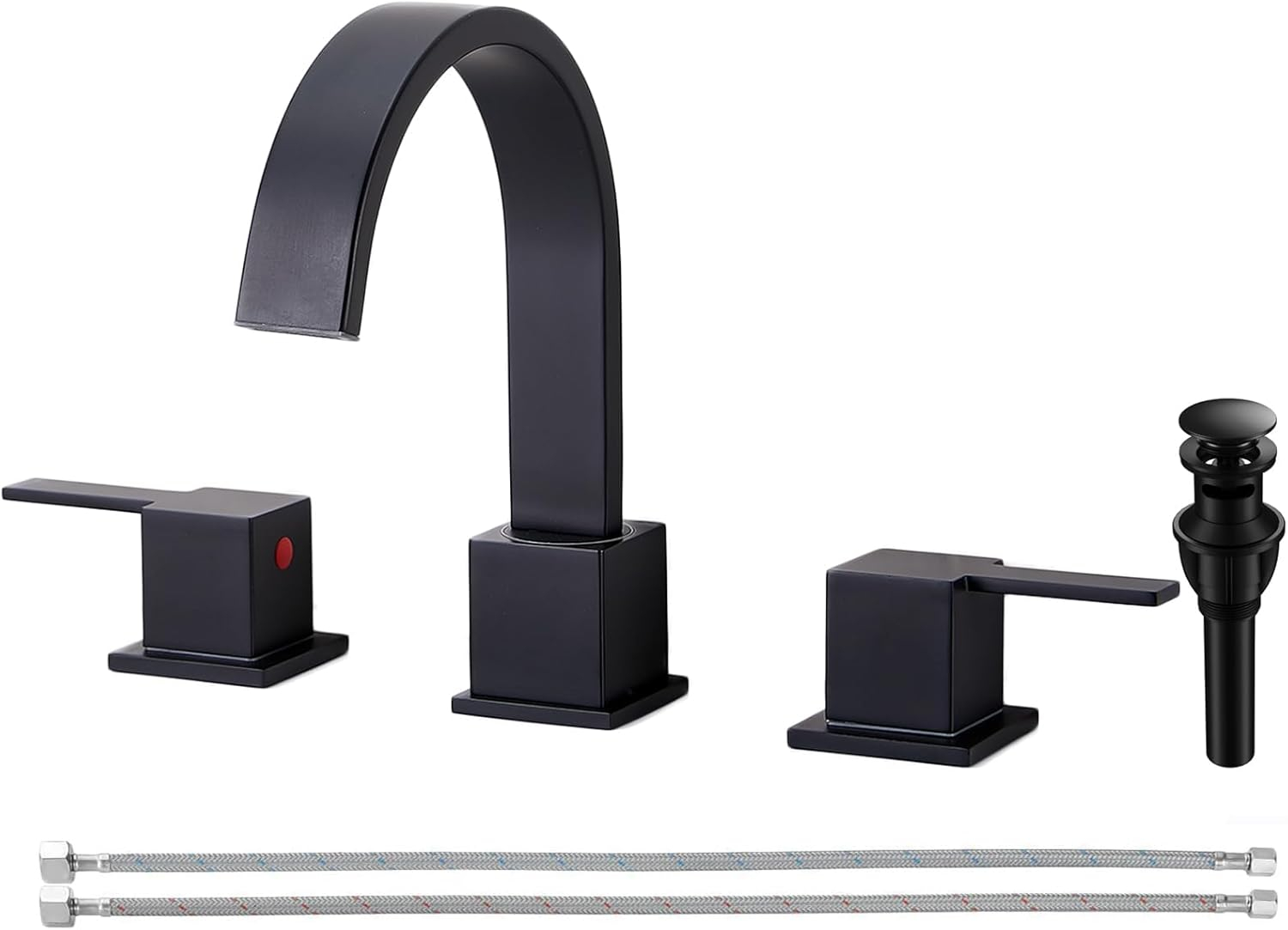 VAPSINT Black Bathroom Faucet 3 Hole, 8 Inch Widespread Matte Black Waterfall Bathroom Sink Faucet, 2 Handle Lavatory Vanity Faucet for Bathroom Sink with Pop Up Drain & Supply Hoses