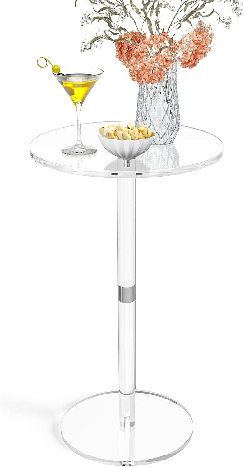 Acrylic End Table, Clear Side Tables for Small Space, 9.8" Round Modern Drink Table for Living Room, Bedroom, Bathroom, Office, Outdoor, Business, Sturdy and Easy to Install