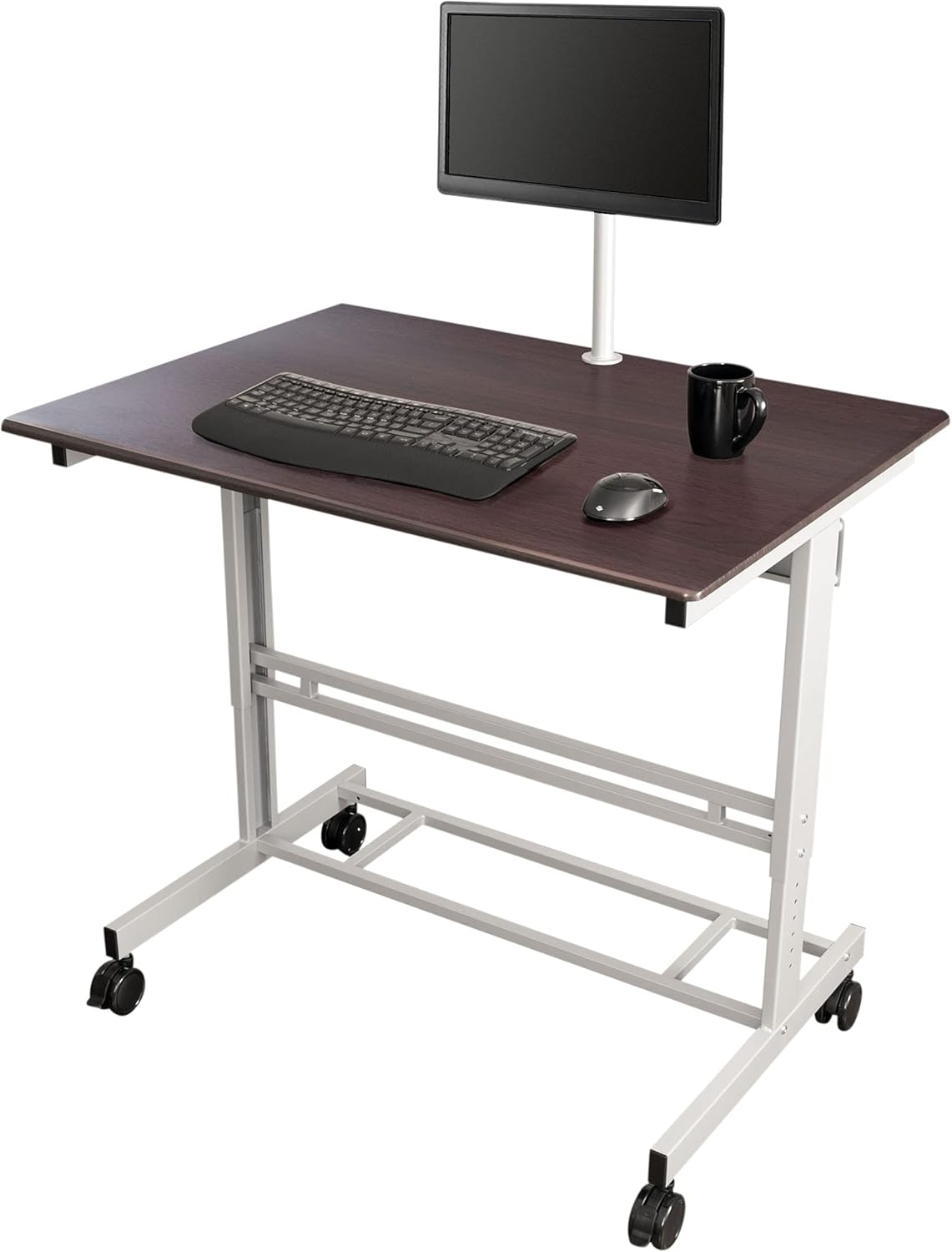 Stand Up Desk Store Rolling Adjustable Height Mobile Standing Desk with Monitor Mount (Silver Frame/Dark Walnut Top, 40" Wide)