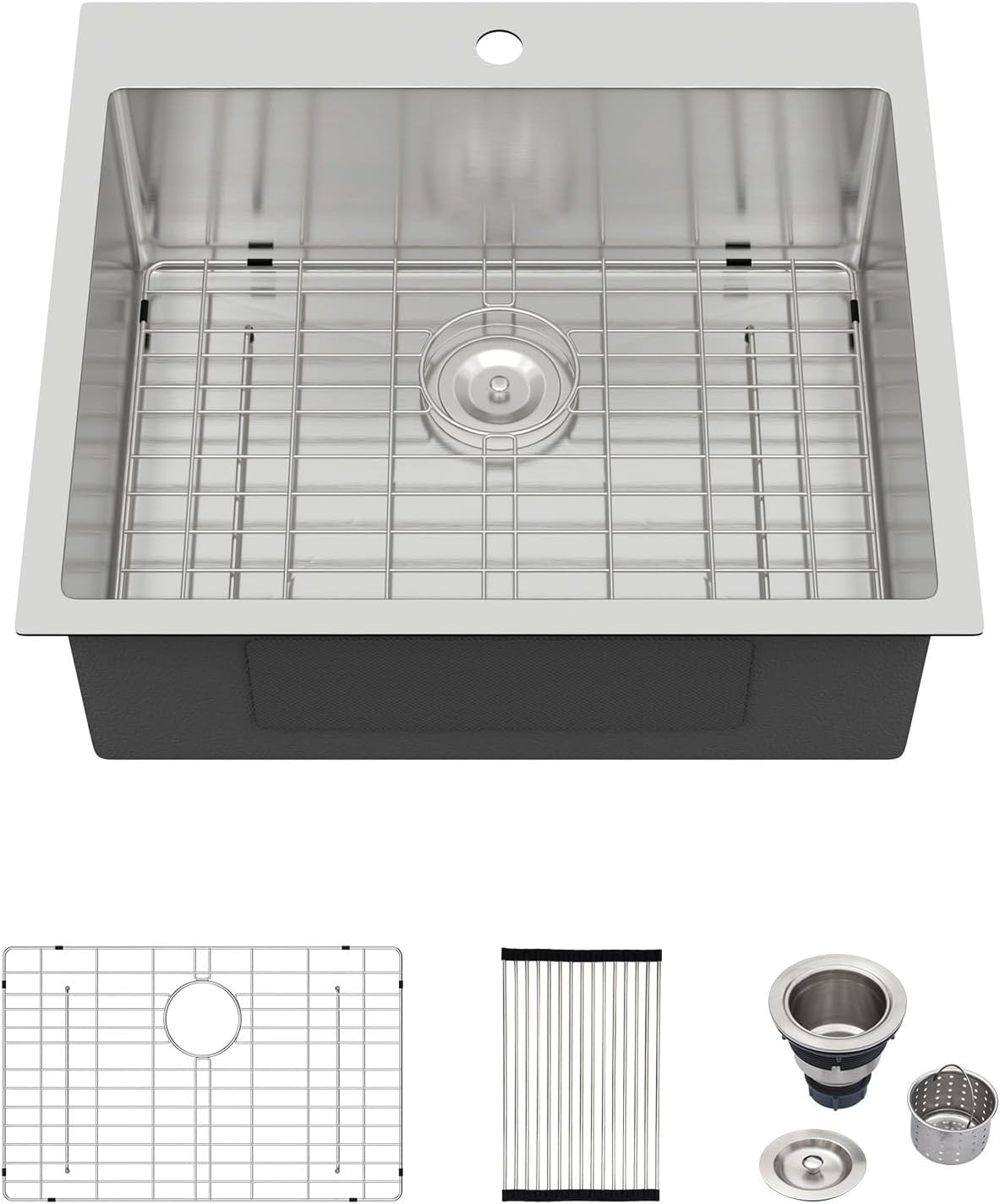 Logmey 25 Inch Drop In Kitchen Sink 25x22 In Handmade Stainless Steel Kitchen Sinks 16 Gauge Topmount Sink Single Bowl Round Corner Sink Bar Sink Prep 25x22x9 Inches