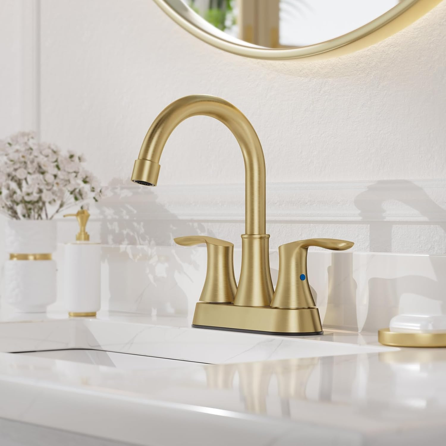 Phiestina 4 Inch 2 or 3 Hole Bathroom Sink Faucet Centerset Brushed Gold 2 Handle RV 360°Swivel Bath Vanity Faucet with Metal Pop Up Drain & Water Supply line, TY36-BG