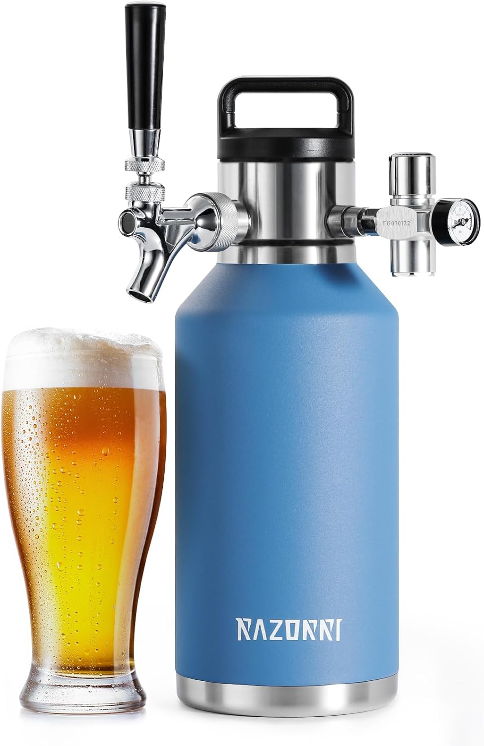 Razorri Engorde de Cerveza de Acero Inoxidable de 64 Oz, Barril Carbonatado con Aislamiento Al Vacío de Doble Pared con Grifo de Barra Profesional y Regulador de CO2 a Presión, 0,5 Galones, Azul Océano