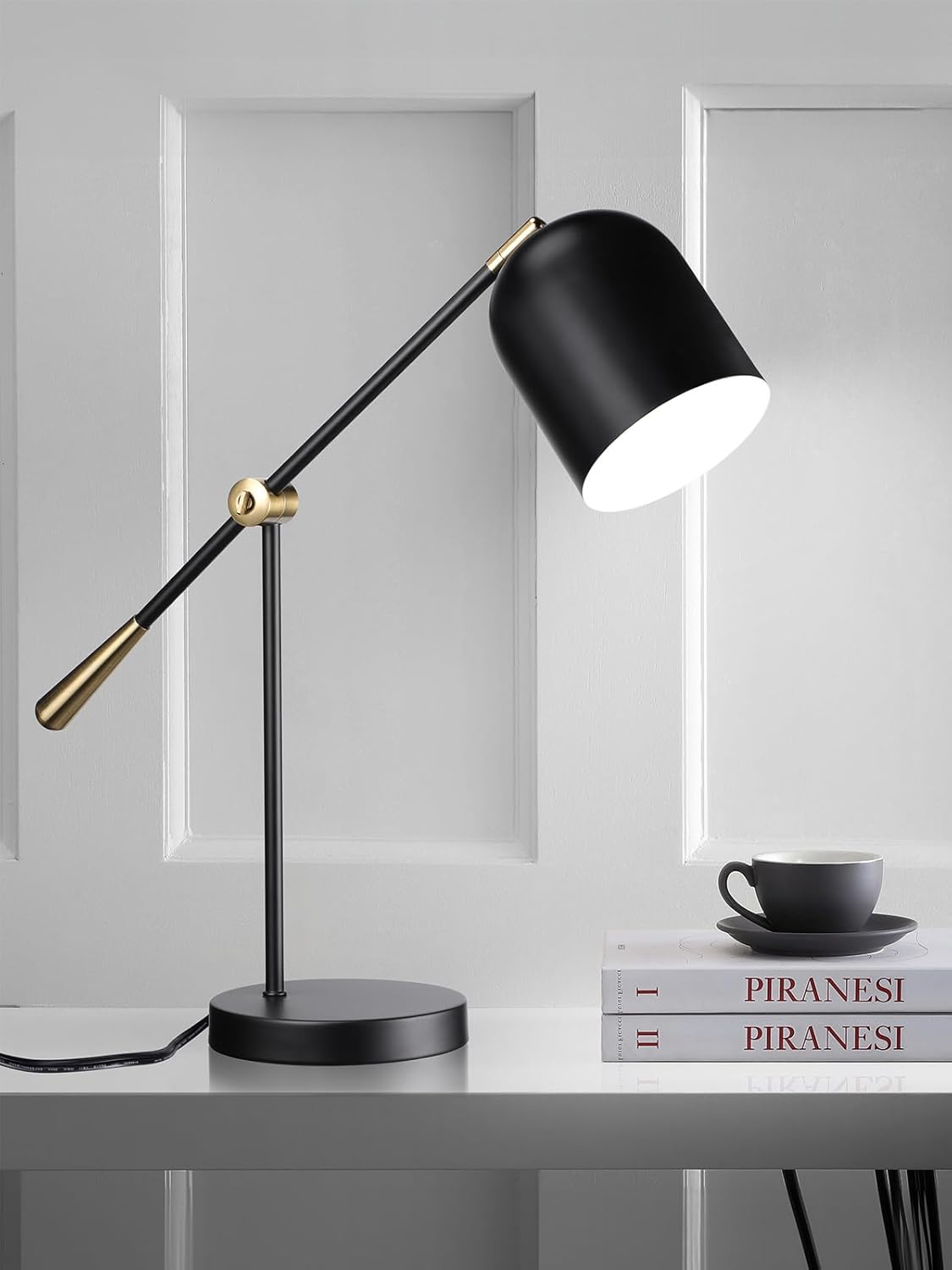 Adjustable Black and Gold Metal Desk Lamp with White Interior