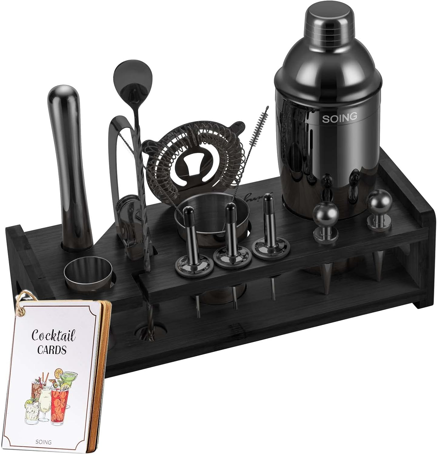 24-Piece Black Stainless Steel Bartender Kit with Stand