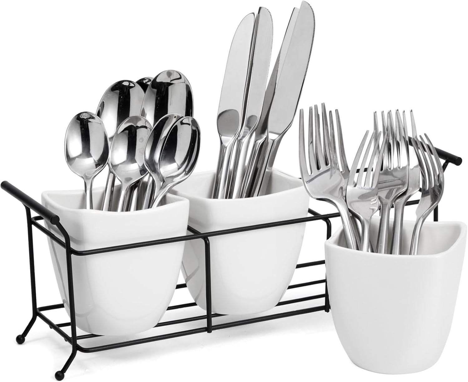 3 Piece White Ceramic Utensil Holder with Metal Stand, Flatware Caddy for Cutlery, Silverware, Kitchen Organizing (White, 13 x 4 x 5 In)