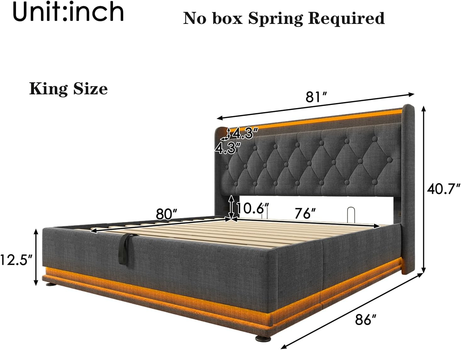 King Size Lift up Storage Platform Bed with 360 Degree Surround LED Light, Bedroom Upholstered Hydraulic Smart Bed Frame, No Noise, No Spring Mattress Required, Easy to Assemble (Gray, King)