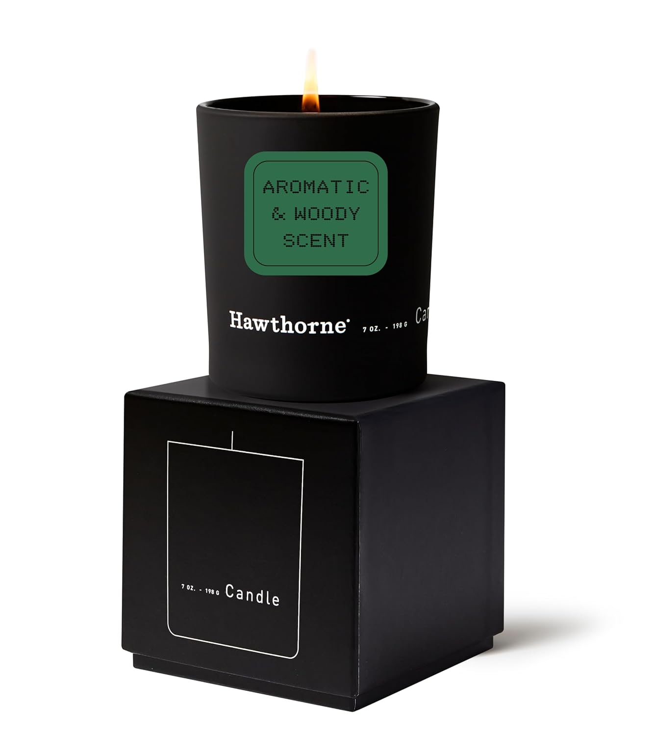 Hawthorne Aromatic & Woody Cologne-Scented Candle. Notes of Fresh Pine, Woody Vetiver, Sweet Musk, and Sandalwood. Soy Blend Wax. 7 Oz. About 50 Hours of Burn Time. C43