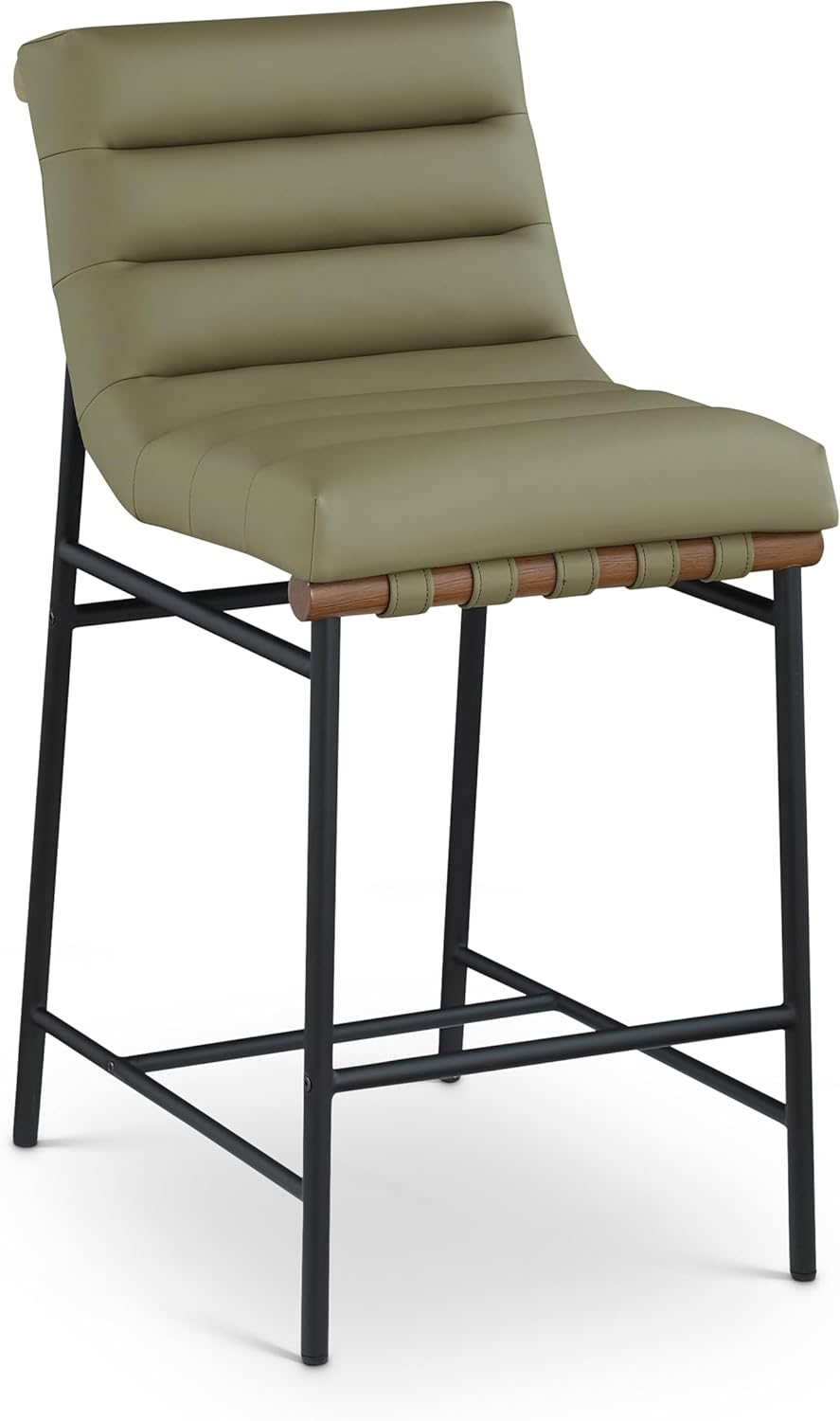 Meridian Furniture 813Olive-C Burke Collection Modern | Contemporary Counter Stool with Soft Olive Green Vegan Leather, Vegan Leather Straps, Matte Black Metal Frame, 18" W x 24" D x 37.5" H, Green
