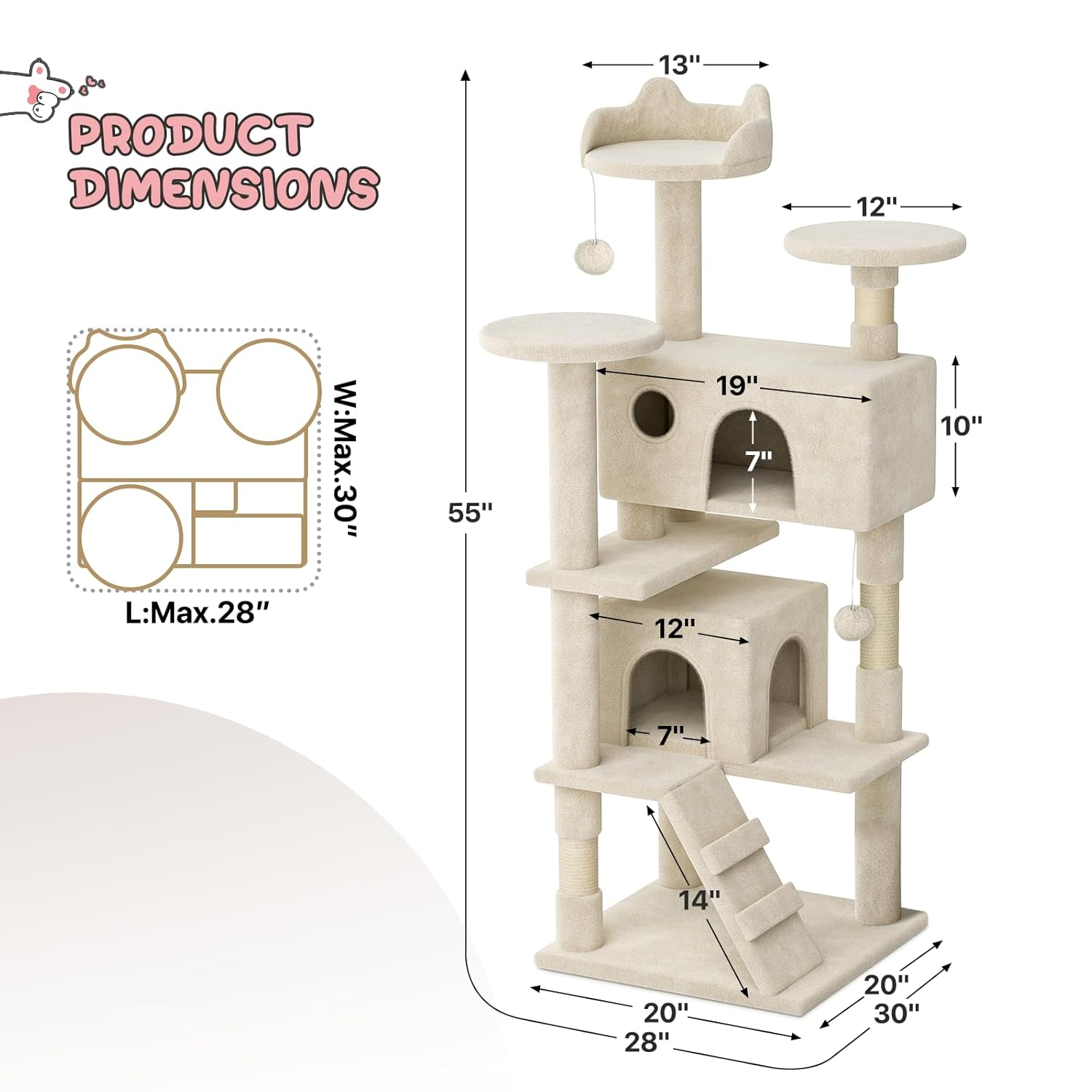 MoNiBloom 54" Cat Tree & Condo Scratching Post Tower, Beige