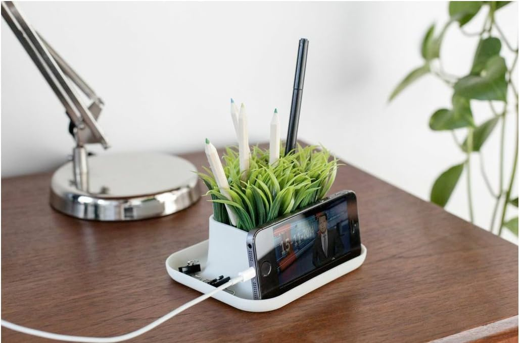 Beige Faux Grass Pen and Phone Stand with Tray