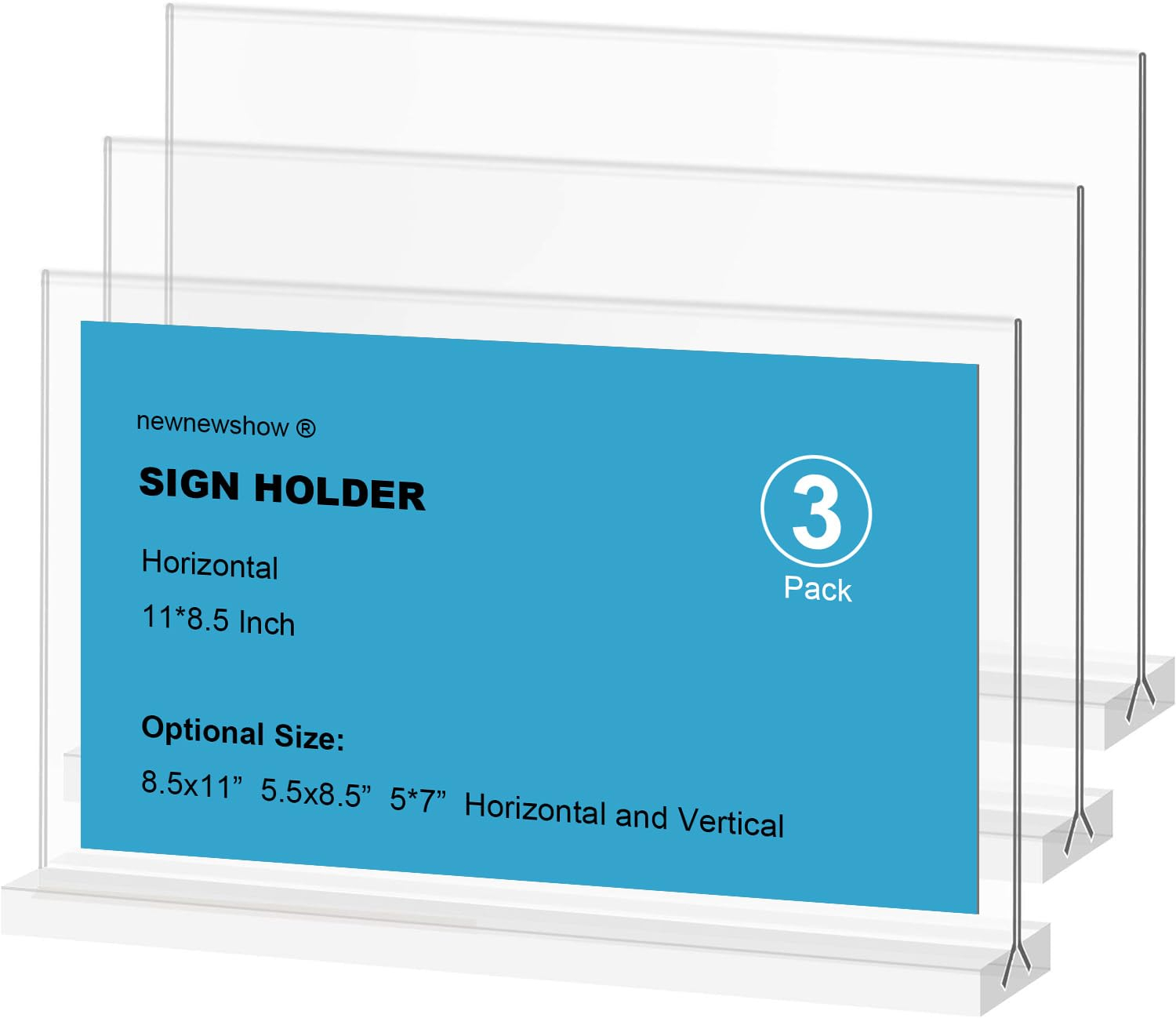 newnewshow Acrylic Sign Holder 5.5x8.5 Inch 3 Pack Horizontal T Shape Double-Sided Desktop Display Holder. (Optional 8.5x11 8.5x5.5 5x7 Horizontal and Vertical)