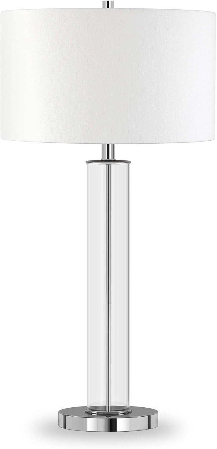 Evelyn&Zoe 29" Traditional Clear Glass Table Lamp with White Drum Linen Shade