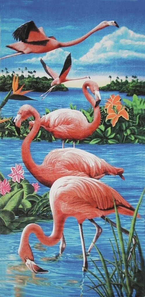 Flamingo and Lake Multicolor Cotton Velour Beach Towel 30x60 Inches