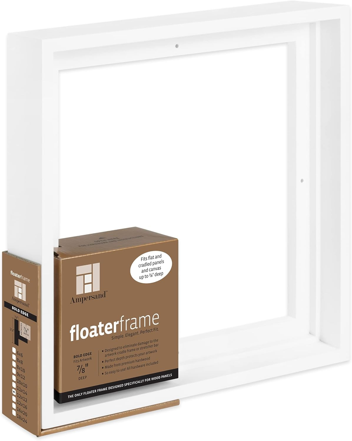 Ampersand Art Floaterframes Bold Edge (3/8" Face) 1-7/8" Frame Profile for 7/8" Deep Artwork 12" x 12" White