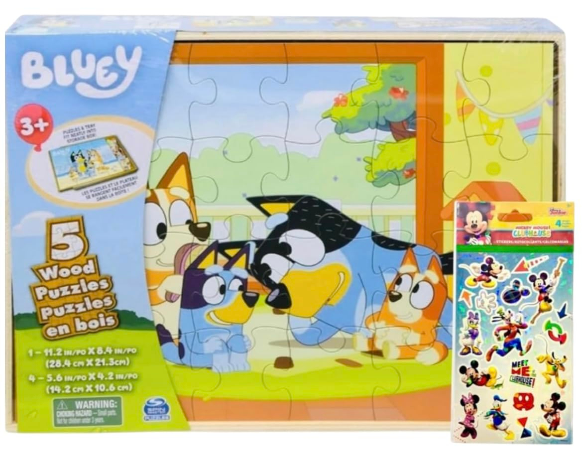 Bluey, 5 Wood Puzzles Jigsaw Bundle with Tray, for Kids Ages 3 and up