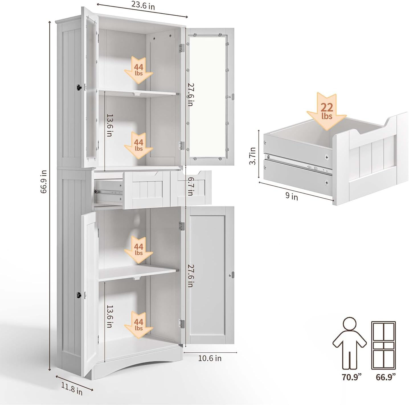 Gizoon 67" Tall Storage Cabinet, Freestanding Kitchen Pantry Cabinet with Glass Door & 2 Shelves & 2 Drawers, Stylish Linen Storage Cabinet for Home, Bathroom, Living Room, Office, White