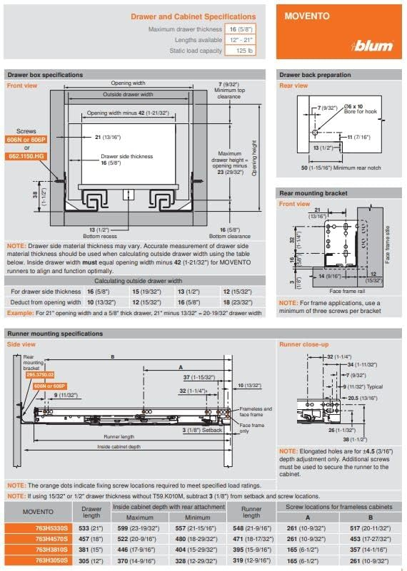 Blum 21" MOVENTO 763H Full Extension Blumotion Soft-Close Undermount Slides 763H5330S, With Locking Devices, Back Brackets, and Screws