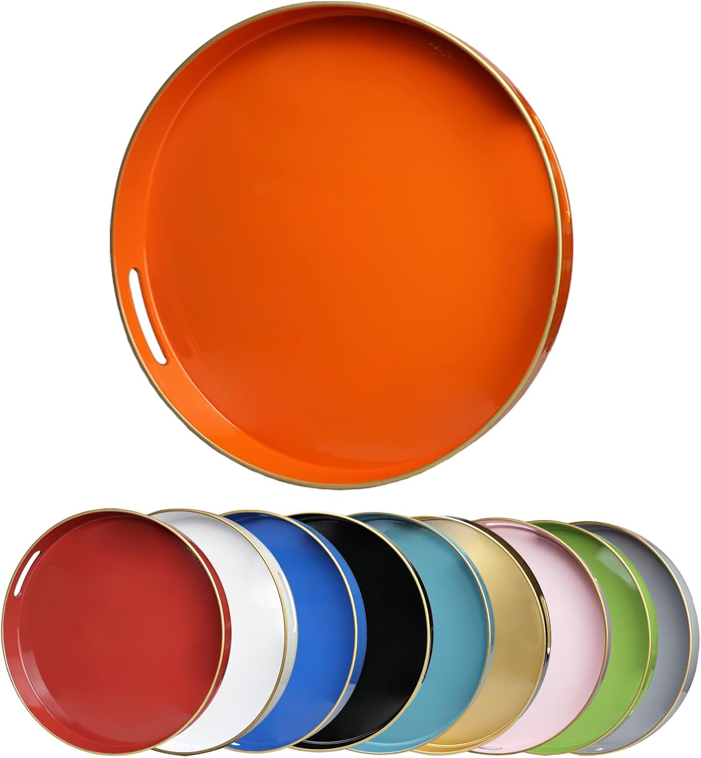MAONAME 13" Round Tray, Orange Serving Tray with Handles, Modern Decorative Trays for Coffee Table, Plastic Ottoman Trays for Ottoman, Bathroom, Halloween Decor