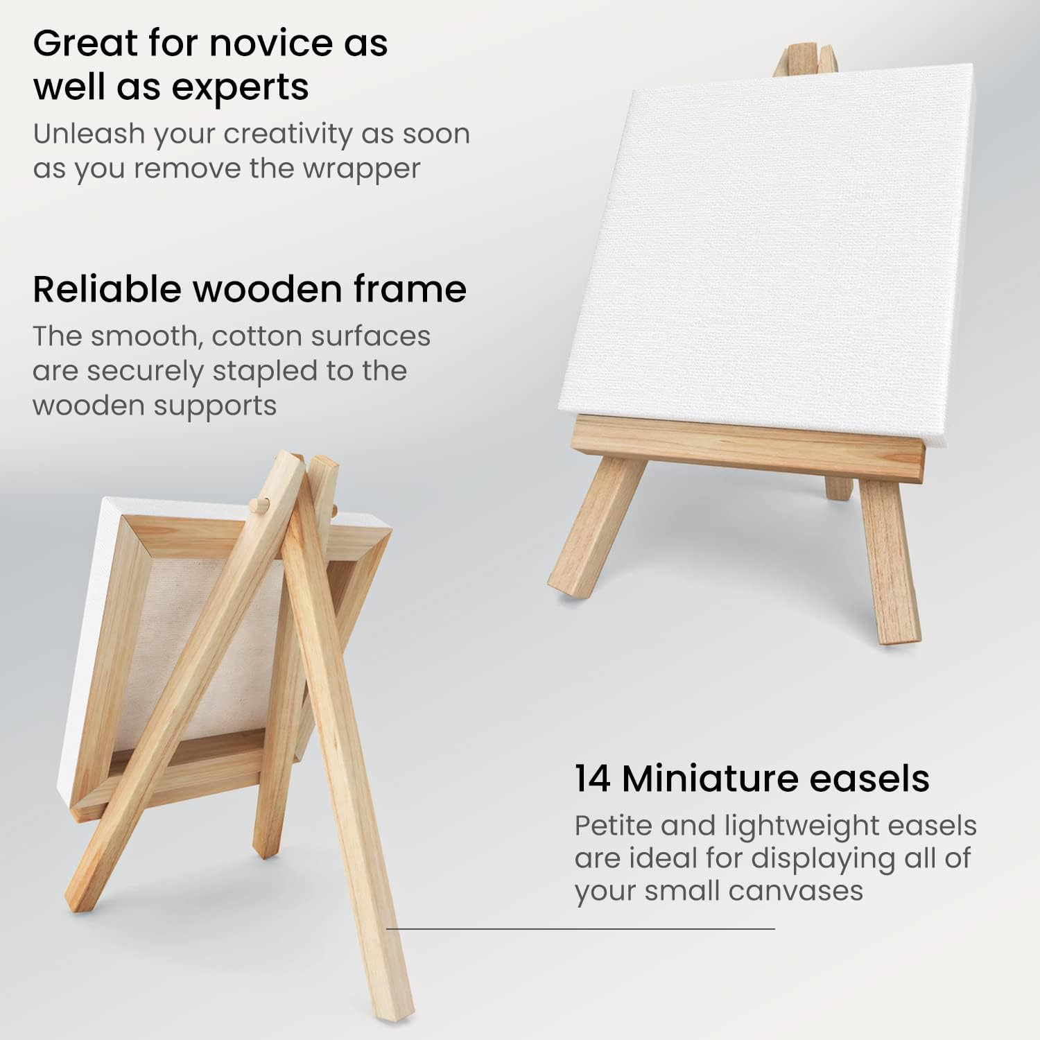 ARTEZA Mini Canvases for Painting with Easels, Pack of 14, 4 x 4 Inches, 100% Cotton, 8 ounces Primed Stretched Canvas Bulk, Pine Wood Easels