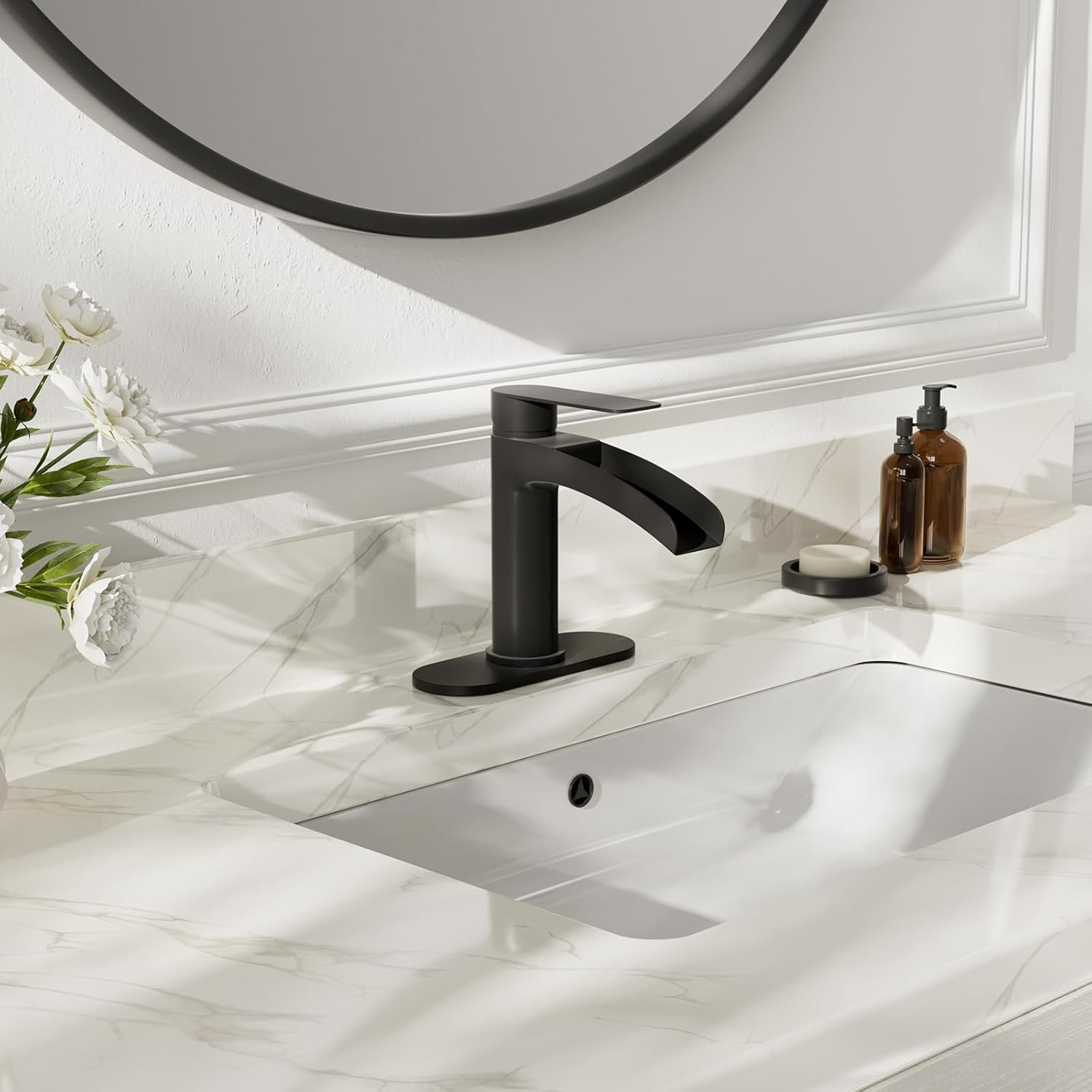 Phiestina Matte Black Single Hole Waterfall Bathroom Sink Faucet Single Handle, with 6-Inch Deck Plate & Metal Pop Up Drain Assembly, NS-SF01-MB