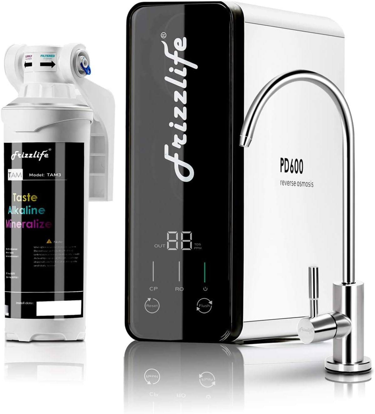 Frizzlife RO Reverse Osmosis Water Filtration System With Alkaline Under Sink - 600 GPD Fast Flow, 1.5:1 Drain Ratio, Tankless -  Compact With Alkaline Remineralization,  PD600-TAM3