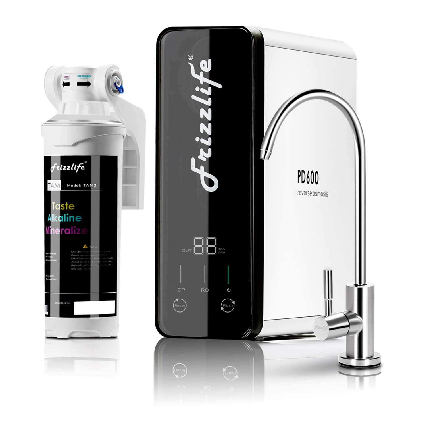 Frizzlife RO Reverse Osmosis Water Filtration System With Alkaline Under Sink - 600 GPD Fast Flow, 1.5:1 Drain Ratio, Tankless -  Compact With Alkaline Remineralization,  PD600-TAM3
