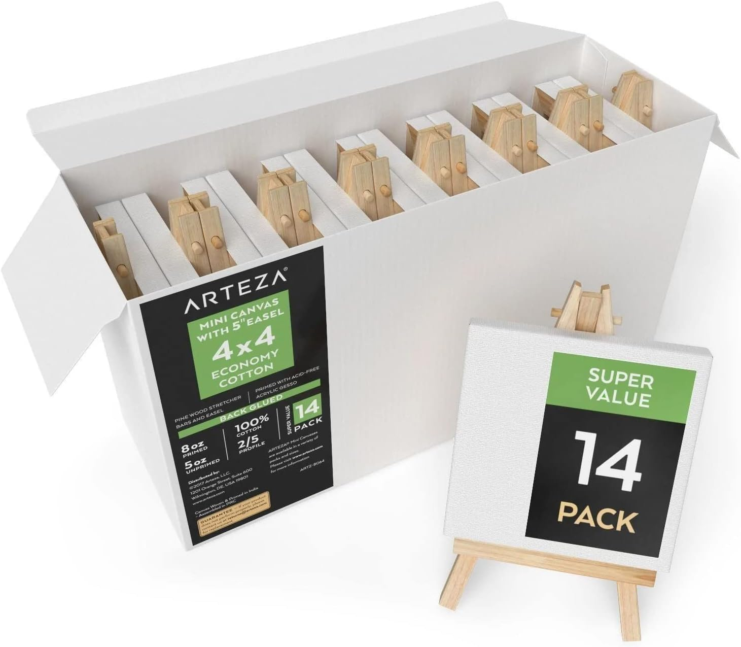 ARTEZA Mini Canvases for Painting with Easels, Pack of 14, 4 x 4 Inches, 100% Cotton, 8 ounces Primed Stretched Canvas Bulk, Pine Wood Easels