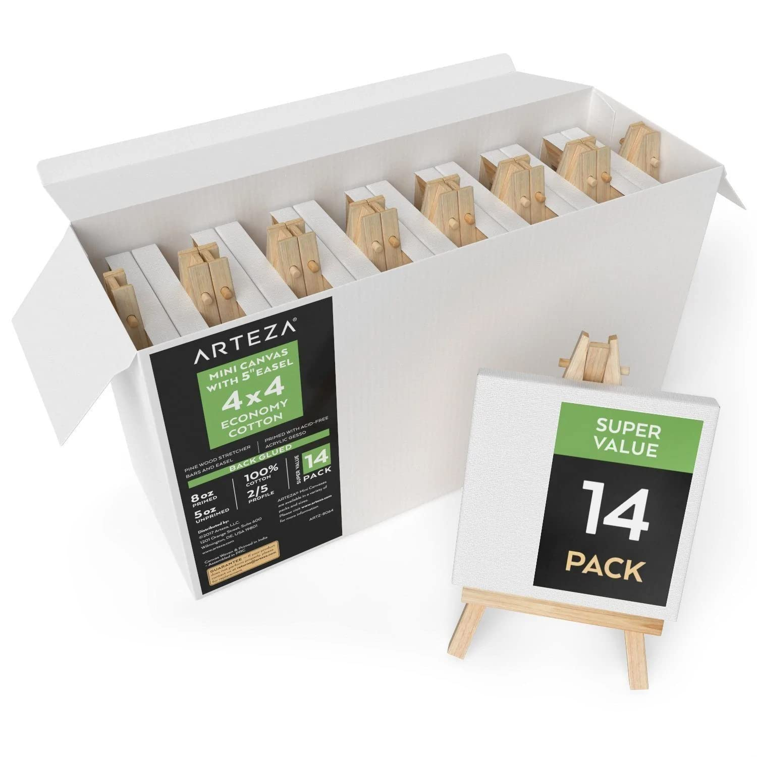 ARTEZA Small Canvases with Easels, 4 x 4 Inches, Pack of 14, Blank White Stretched Canvas for Acrylic, Oil and Gouache Painting
