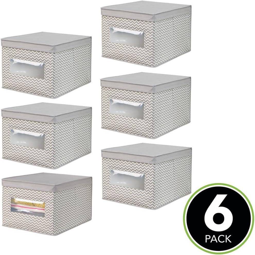mDesign Large Fabric Closet Box with Window/Lid, 6 Pack, Taupe/Natural Chevron