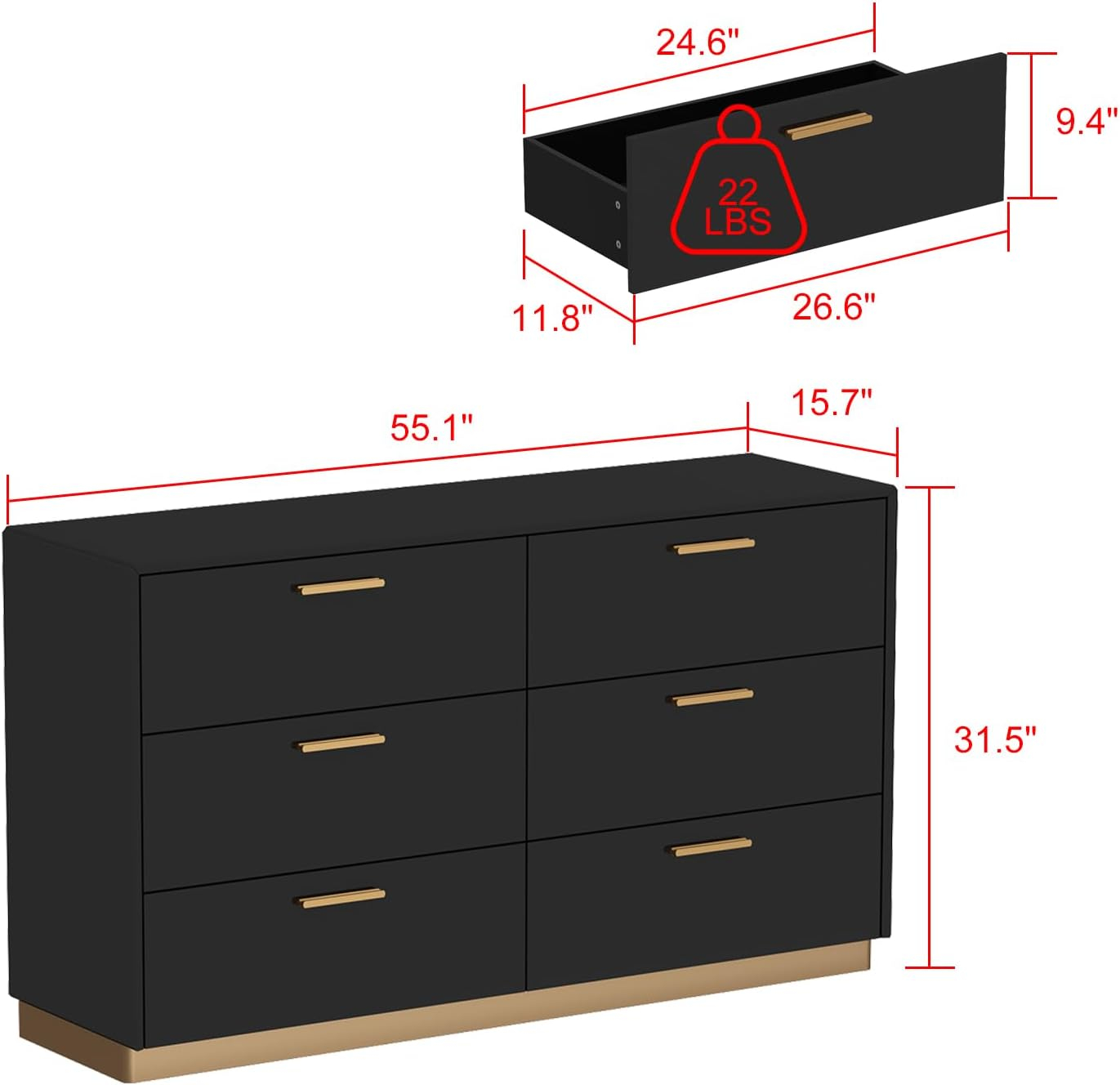Homsee Black 55.1" L Dresser Storage Chest with 6 Drawers & High Glossy Surface, Wood Double Dresser Chest with Metal Handles for Bedroom, Living Room & Hallway
