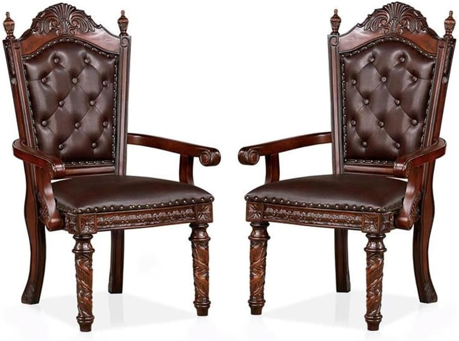 Furniture of America Dian Solid Wood Tufted Arm Chair in Cherry (Set of 2)