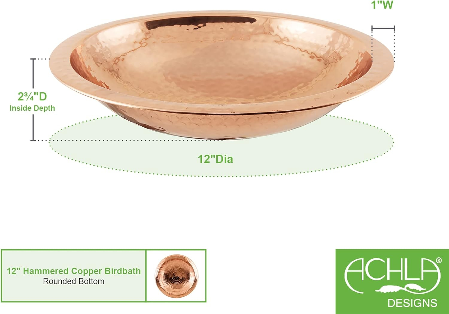 Achla Designs 201-9904 Hammered Bowl with Rim Birdbath, Polished Copper Plated